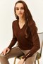 Women's Bitter Brown V-Neck Slit Cuff Buttoned Knitwear Sweater KZK-19000685 - 3