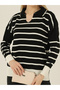 Black Ecru Striped Polo V-Neck Fine Knitwear Sweater