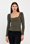 Women's Square Collar Long Sleeve Blouse-body Khaki
