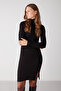 Ingrıd Women's Flexible Viscose Fabric Draped High Neck Slit Body Hugging Black Dress - 2