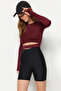 Bordo Crop Pencere/Cut Out ve Baş Parmak Delik Detaylı Örme Spor Üst/Bluz TWOAW21BZ0156 - 3