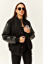 Women's Black Lined Faux Leather Garnished Pocket Oversize Bomber Jacket CKT-19000374 - 2