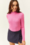 Women's Candy Pink Half Turtleneck Zigzag Textured Soft Knitwear Sweater KZK-19000447