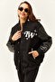 Women's Black Lined Faux Leather Garnished Pocket Oversize Bomber Jacket CKT-19000374 - 4
