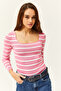 Women's Striped Candy Pink Square Collar Crop Basic Knitwear Blouse BLZ-19001114 - 2