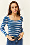Women's Striped Indigo Square Collar Crop Basic Knitwear Blouse BLZ-19001114 - 2