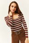 Women's Striped Bitter Brown Square Collar Crop Basic Knitwear Blouse BLZ-19001114 - 3