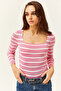 Women's Striped Candy Pink Square Collar Crop Basic Knitwear Blouse BLZ-19001114 - 4