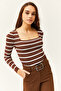 Women's Striped Bitter Brown Square Collar Crop Basic Knitwear Blouse BLZ-19001114 - 2