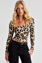 Women's Camel-Black Square Collar Leopard Blouse AYD261 - 3