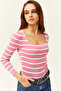 Women's Striped Candy Pink Square Collar Crop Basic Knitwear Blouse BLZ-19001114 - 3