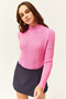 Women's Candy Pink Half Turtleneck Zigzag Textured Soft Knitwear Sweater KZK-19000447 - 4