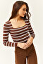 Women's Striped Bitter Brown Square Collar Crop Basic Knitwear Blouse BLZ-19001114