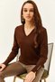 Women's Bitter Brown V-Neck Slit Cuff Buttoned Knitwear Sweater KZK-19000685 - 2