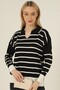 Black Ecru Striped Polo V-Neck Fine Knitwear Sweater - 4