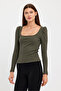 Women's Square Collar Long Sleeve Blouse-body Khaki - 3