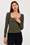 Women's Square Collar Long Sleeve Blouse-body Khaki - 6