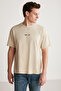 Jake Men's 100% Organic Cotton Thick Textured Fabric Print Detailed Oversize Beige T-Shirt - 4