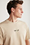 Jake Men's 100% Organic Cotton Thick Textured Fabric Print Detailed Oversize Beige T-Shirt - 3