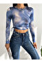 Women's Blue Side Gathered Piping Digital Printed Crew Neck Blouse