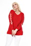 Red V-Neck Sleeve Detailed Knitted Stone Sweater