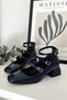 Women's Mary Jane Navy Blue Patent Leather Closed Back Three-Striped Square Toe Helmet Short Block Heeled Shoes