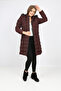Women's Closed Burgundy Color Puffer Long Coat - 8