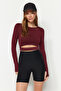 Bordo Crop Pencere/Cut Out ve Baş Parmak Delik Detaylı Örme Spor Üst/Bluz TWOAW21BZ0156