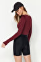 Bordo Crop Pencere/Cut Out ve Baş Parmak Delik Detaylı Örme Spor Üst/Bluz TWOAW21BZ0156 - 5