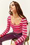 Women's Striped Fuchsia Square Collar Crop Basic Knitwear Blouse BLZ-19001114 - 4