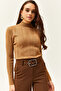 Women's Camel Half Turtleneck Zigzag Textured Soft Knitwear Sweater KZK-19000447