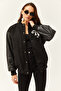 Women's Black Lined Faux Leather Garnished Pocket Oversize Bomber Jacket CKT-19000374 - 3