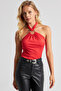 Women's Red Neck Tie Ring Crop Blouse EY2674 - 5