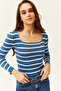 Women's Striped Indigo Square Collar Crop Basic Knitwear Blouse BLZ-19001114