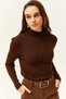Women's Bitter Brown Half Turtleneck Zigzag Textured Soft Knitwear Sweater KZK-19000447 - 3