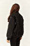 Women's Black Lined Faux Leather Garnished Pocket Oversize Bomber Jacket CKT-19000374 - 5