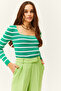 Women's Striped Grass Green Square Collar Crop Basic Knitwear Blouse BLZ-19001114 - 2