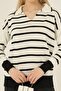 Ecru Black Striped Polo V-Neck Fine Knitwear Sweater - 3