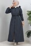 1055 Hooded Long Bondit Coat with Fur Detail on Collar Gray