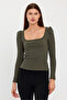 Women's Square Collar Long Sleeve Blouse-body Khaki - 7