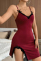 Women's Burgundy Stylish Nightgown with Leg Slit, Black Lace and Bow - 6