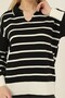 Black Ecru Striped Polo V-Neck Fine Knitwear Sweater - 5