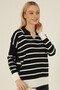 Black Ecru Striped Polo V-Neck Fine Knitwear Sweater - 6