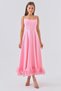 Women's Cotton Atlas Fabric Skirting Tulle Detailed Thin Strap Midi Length Pink Dress 9326 - 2