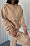 Women's Thick Three Thread Fabric Long Sleeve Kangaroo Pocket Beige Tracksuit Set 350 - 2
