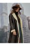Leather Look Long Coat Double Breasted Buttoned Plush Detail - 4