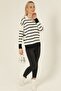 Ecru Black Striped Polo V-Neck Fine Knitwear Sweater - 5