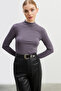 Women's Gray Finger Detailed Bodysuit - 5