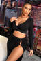 Kadın Siyah Uzun Kol Göğüs ve Göbek Dekolteli Fermuarlı Crop Top Bluz - 5
