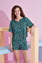green patterned Lycra Knitted T-shirt-Shorts Pajama Set